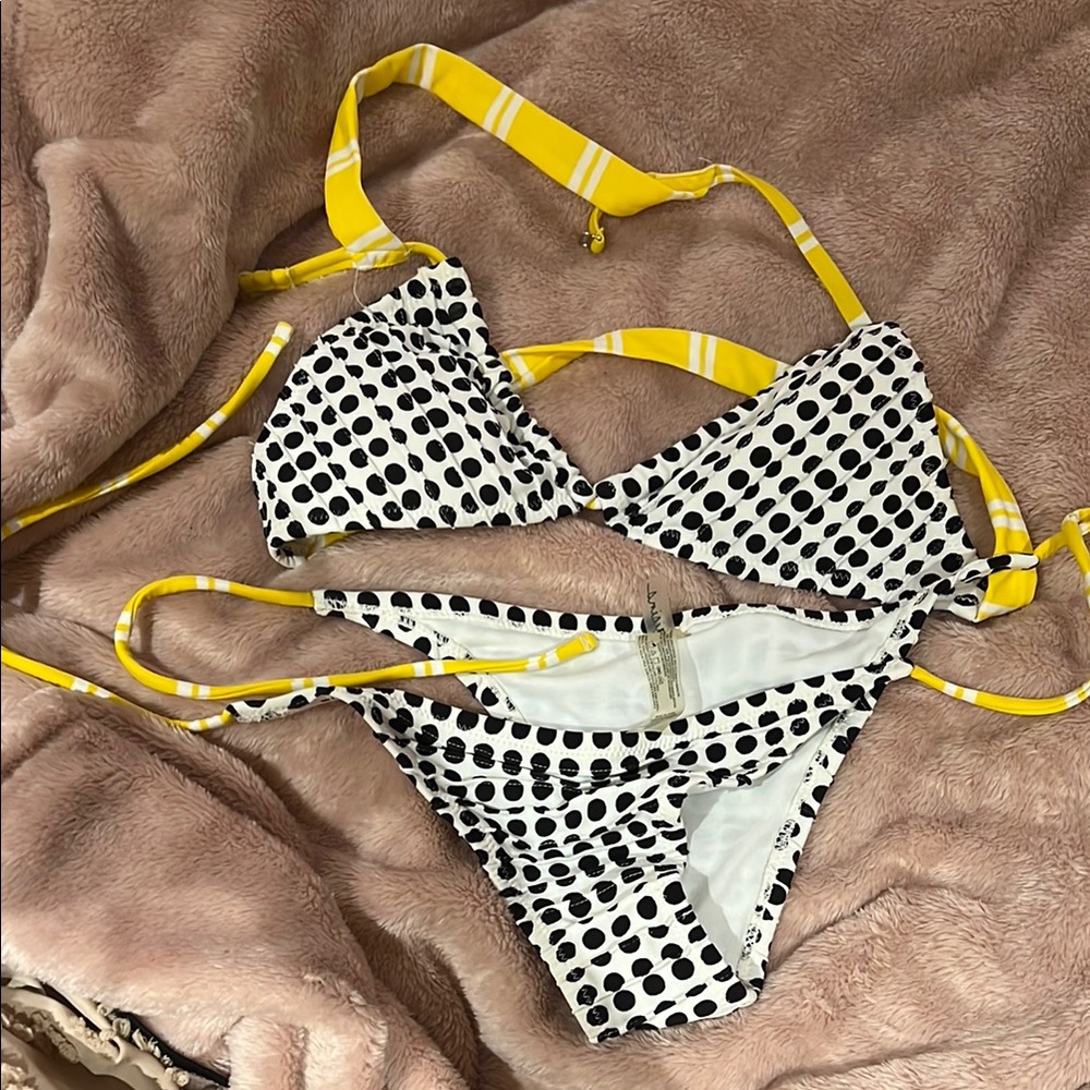 Raisins Black and White Polka Dot Bikini with Yellow Straps